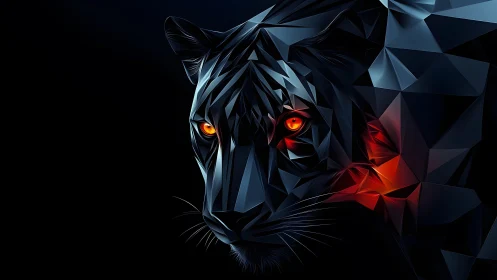 Geometric Black Panther Portrait with Fiery Eyes in Digital Art.