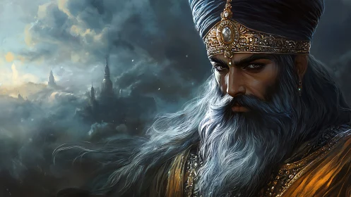 Majestic turbaned ruler watching over a misty sky kingdom.