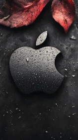 Rain-kissed metallic apple emblem under crimson leaves.