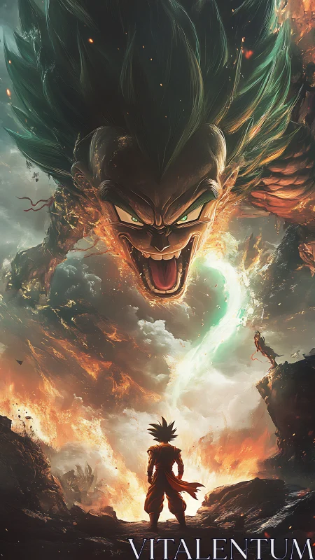 Warrior confronts colossal flaming titan amid storm sky.