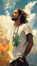 Expressive digital portrait of relaxed youth in vivid skyscape.