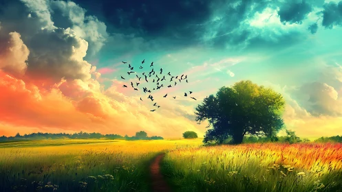 Vibrant countryside meadow under dramatic chromatic sky.