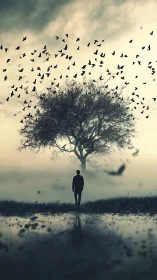 Silhouette figure near lone tree with flock of distant birds.