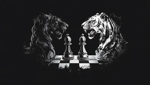 Dual Tiger Conflict: Chess Confrontation. Black and white engravings of two tigers face off across c