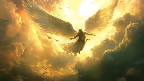 Radiant winged figure ascending through luminous clouds.