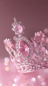 Pink gemstone tiara in close-up against soft bokeh background.