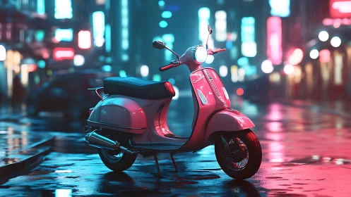 Pink retro scooter stands on wet neon city street at night