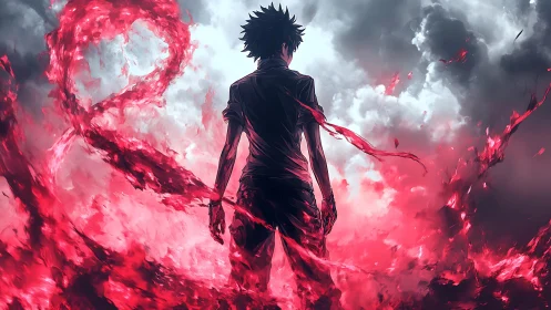 Silhouetted figure amid red energy against storm clouds.