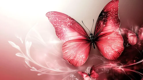 Crimson butterflies in luminous abstract trails of light.