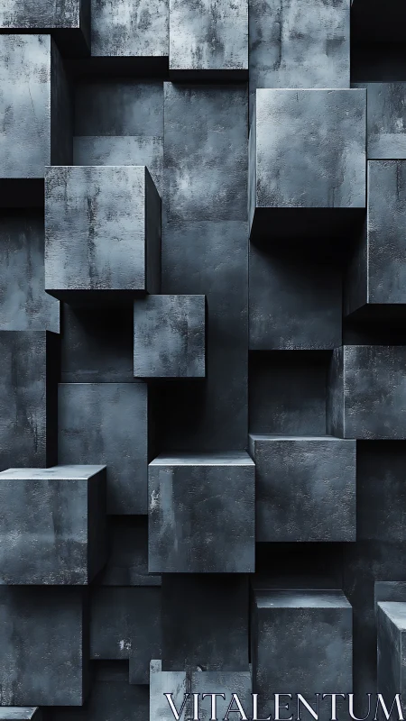 Layered concrete cubic blocks in dark geometric arrangement.