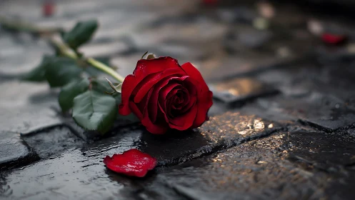 Rain-kissed crimson rose resting on reflective cobblestones.