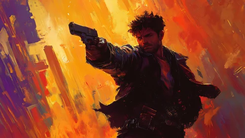 Blazing action hero holds his ground in a storm of color