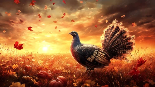 Turkey in autumn field under vivid sunset sky period.