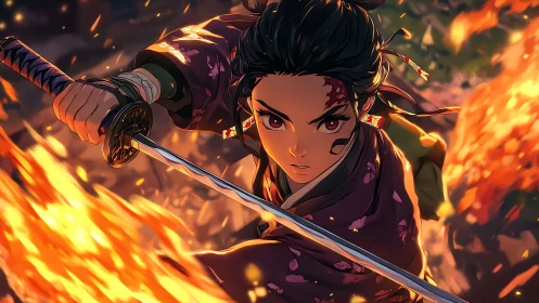 Fiery anime swordsman charging forward with fierce courage.