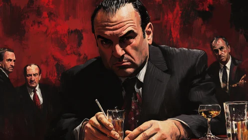 Brooding mob boss at bar amid tense crimson backdrop.