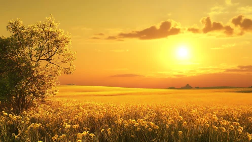 Golden meadow sunset illuminates flower field and lone tree