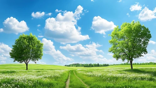 Twin spring trees along winding meadow path in sunlight.