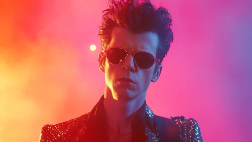 Retro styled musician in sunglasses under neon lights.