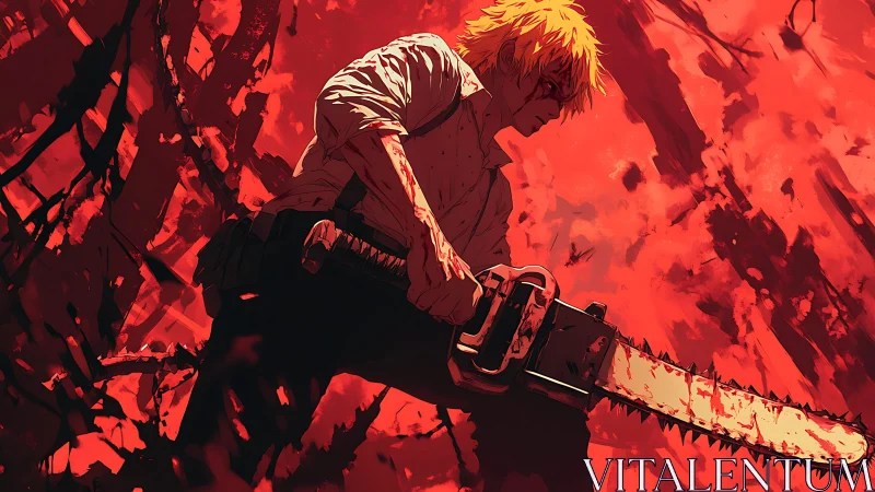 Bloodlit chainsaw drifter stalking through a scarlet storm.