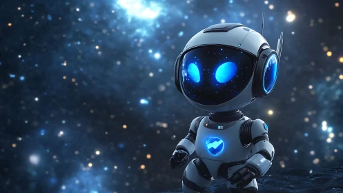 Small humanoid robot stands on dark surface against starfield