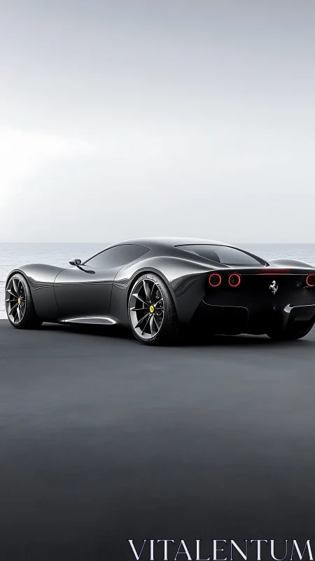 Black sports coupe is parked on a flat coastal roadway