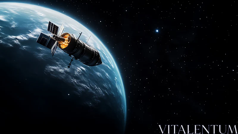 Orbital satellite glows above Earth’s blue atmospheric curve.