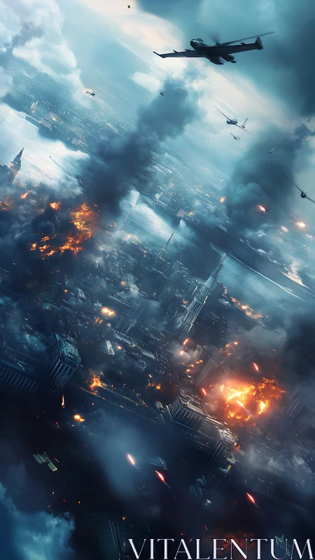 Urban coastal bombardment with aircraft and burning skyline.