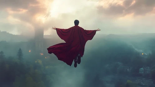 Figure in red robe levitates above misty burning valley