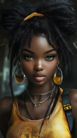 Photorealistic portrait of young woman in amber streetwear.