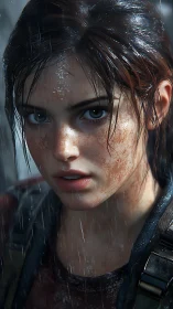 Rain-soaked survivor portrait with intense steely gaze.