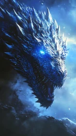 Ice dragon head with glowing blue eye in cold mist.