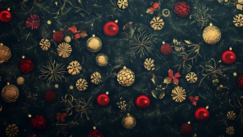 Festive red and gold Christmas baubles scatter across pine boughs.