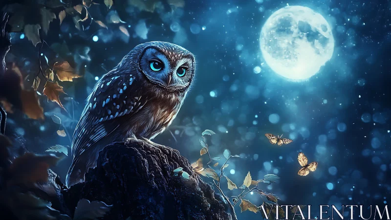 Enchanted Owl Under Full Moon in Magical Night Forest Scene.