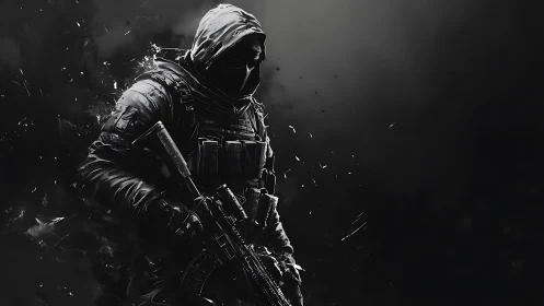 Hooded tactical soldier in dark monochrome combat scene.