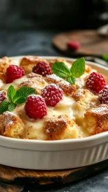 Photographic close-up of custard bread pudding with berries.