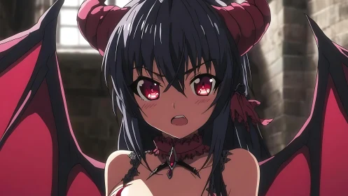 Demon-winged anime girl in gothic castle light.