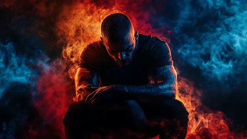 Tattooed athlete in dual-color smoke with dramatic rim light.
