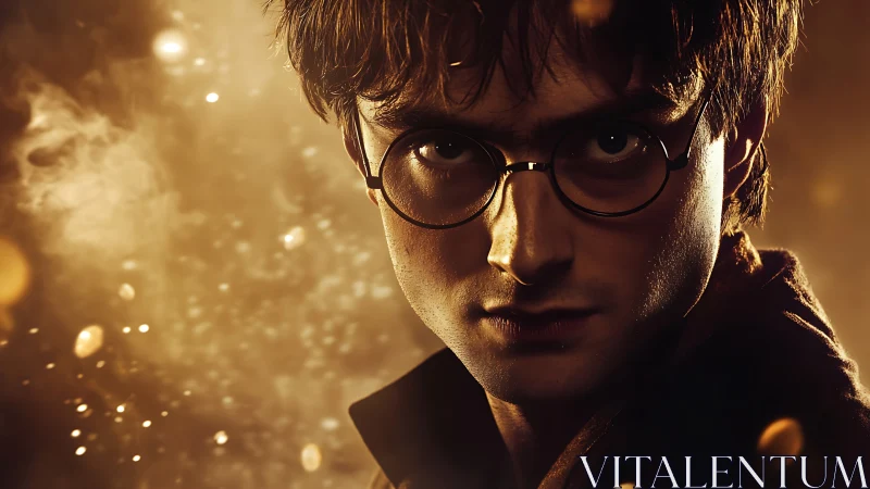 Close frontal portrait shows young man in glasses in warm light