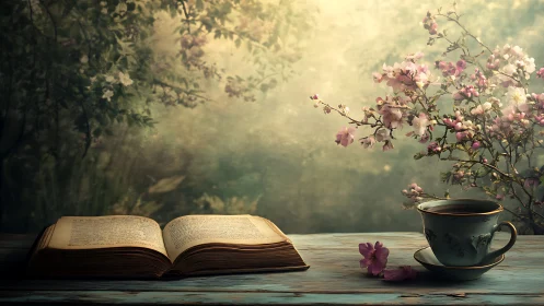Open vintage book and teacup beside spring blossoms.