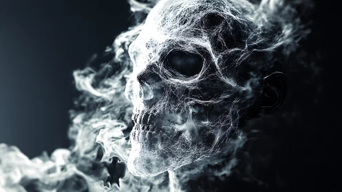 Ethereal smoke skull woven from drifting ghostly threads.