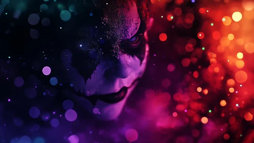 Clown face with dark makeup amid multicolored bokeh field.