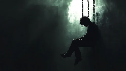 Chains cradle a lone shadow, suspended in weary midnight