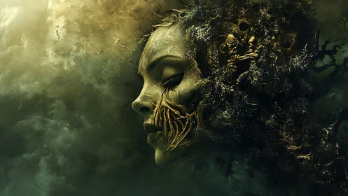 Surreal female profile merges with decaying organic void