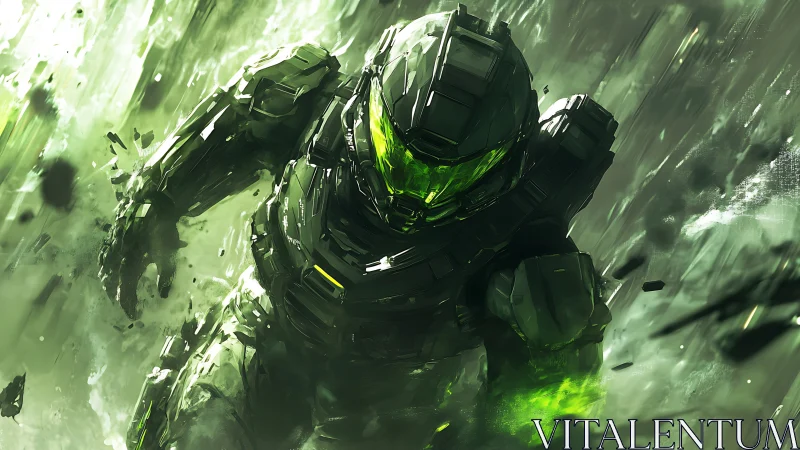 Armored exosuit soldier in dynamic green energy descent