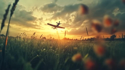 Sunset fields welcome a small plane gliding toward home.