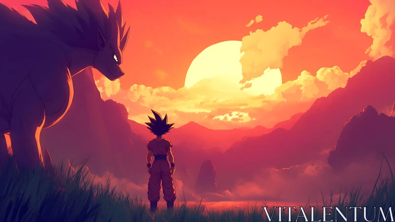 Anime sunset vista with warrior silhouette and spectral beast.
