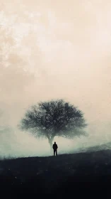 Solitary figure under bare tree in dense morning fog.