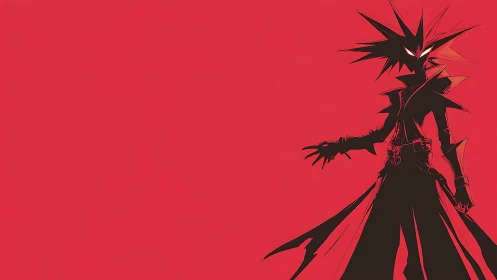 Stylized spiky-haired figure silhouette on red field.