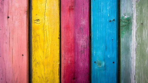 Bright weathered wooden planks in cheerful rainbow stripes.