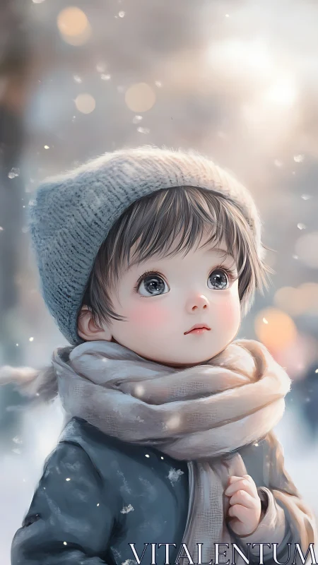 Child in winter attire with blue beanie and scarf against blurred bokeh.